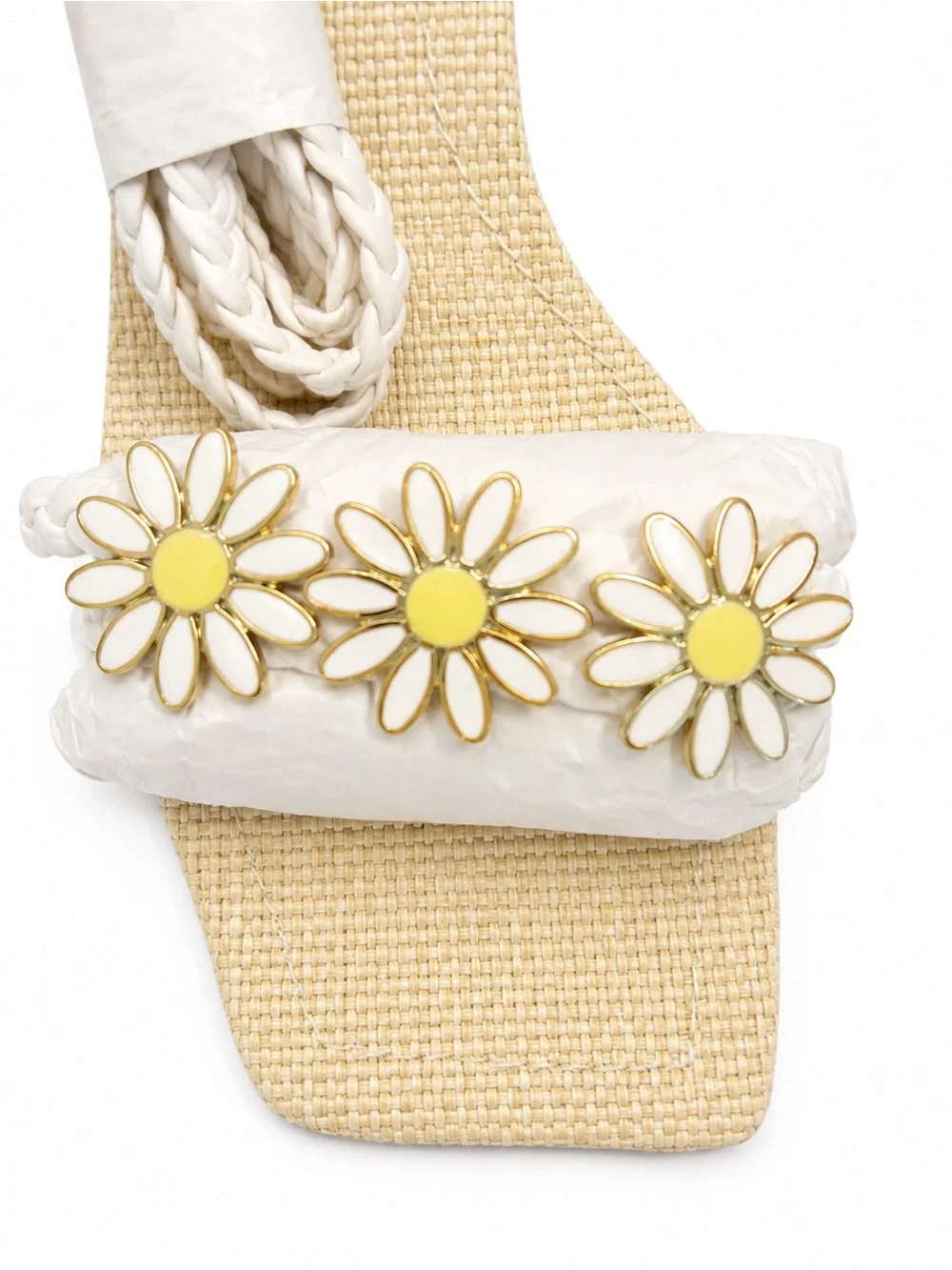 SCHUTZ HINA White Braided Ankle Tie Block Heel Mule Yellow Daisy Accents NIB